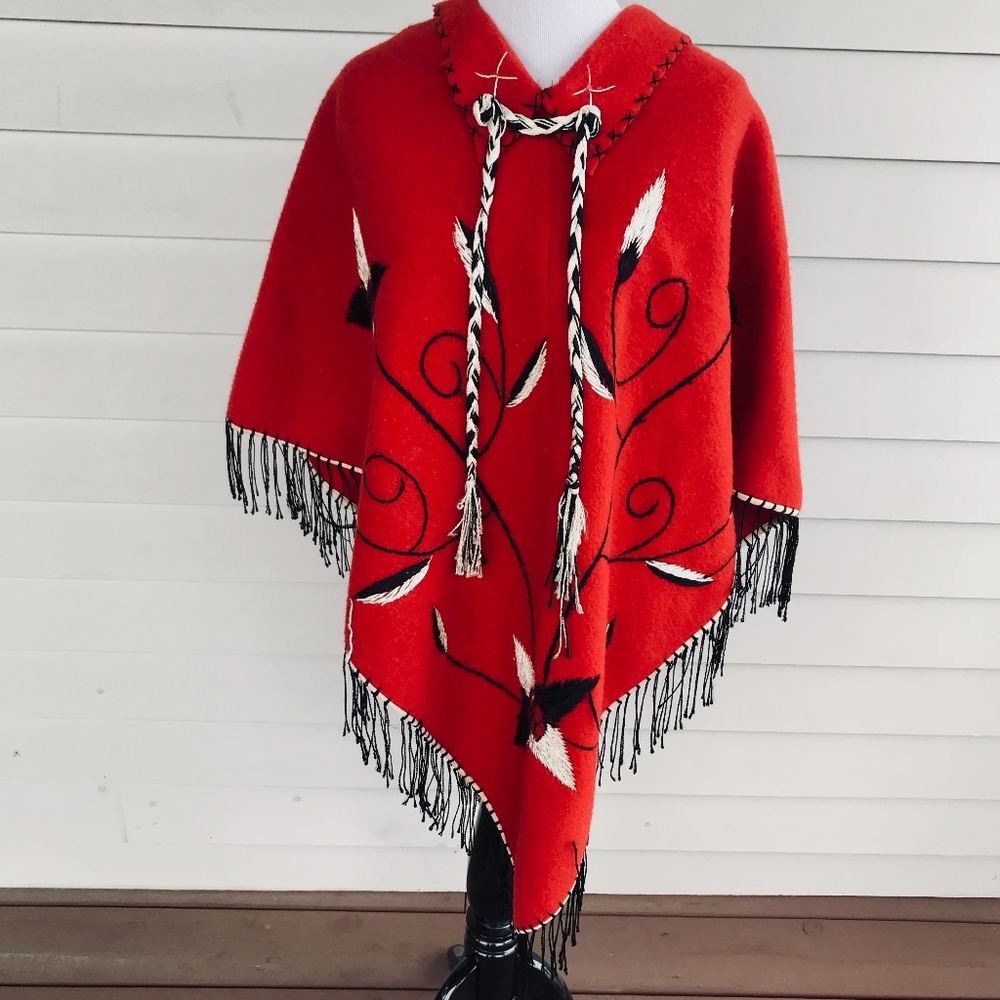 Vintage Red Wool Embroidered Poncho Cape - Picture 1 of 8